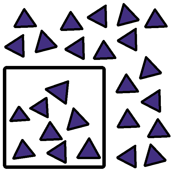 Many purple triangles, with several inside a square, separate from the others.